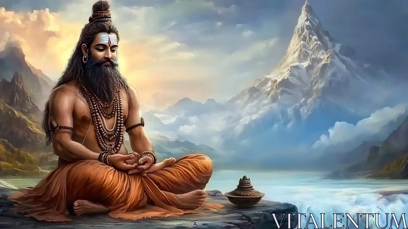 Serene sage meditates by sacred river beneath towering peak