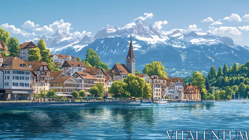 Lakeside European town sits below snow covered mountain range