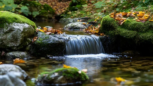 Macro stream cascade over mossy rocks in autumn forest