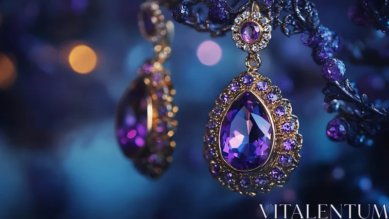 Ornate amethyst teardrop earrings glow against bokeh background