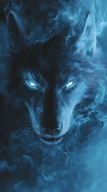 Blue spectral wolf head emerging from dense swirling smoke.