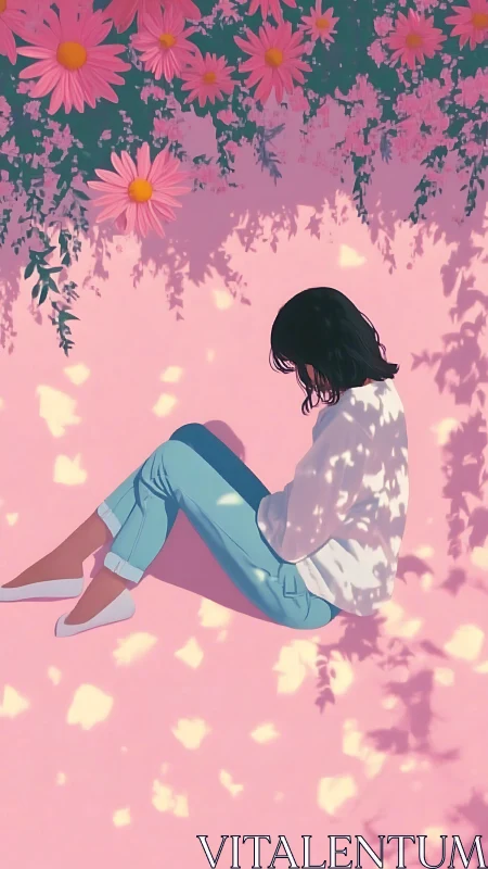 Seated figure under floral canopy casts patterned shadows