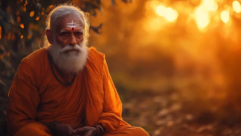 Monastic elder in saffron robes under diffuse golden bokeh light.