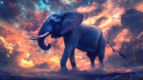 Majestic cosmic elephant strides through glowing nebula skies