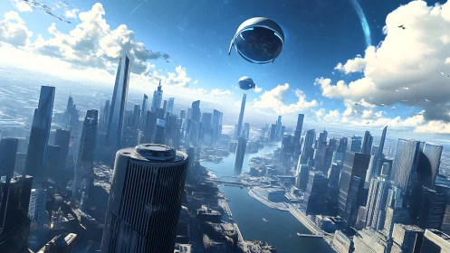 Futuristic riverfront megacity under bright blue sky panorama.