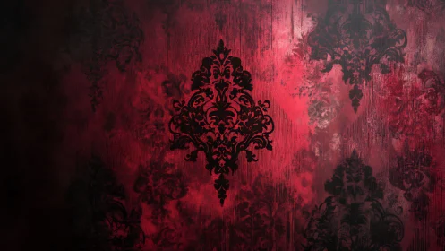 Black damask motif on textured red ornamental background.