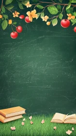 School chalkboard framed by spring branches and books.