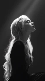 Monochrome side portrait of silver haired woman in haloed light.