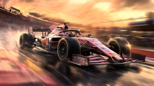 Sunlit pink race car slicing through shimmering rain-soaked track.