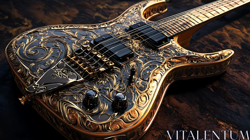 Ornate golden electric guitar gleams like a treasured jewel
