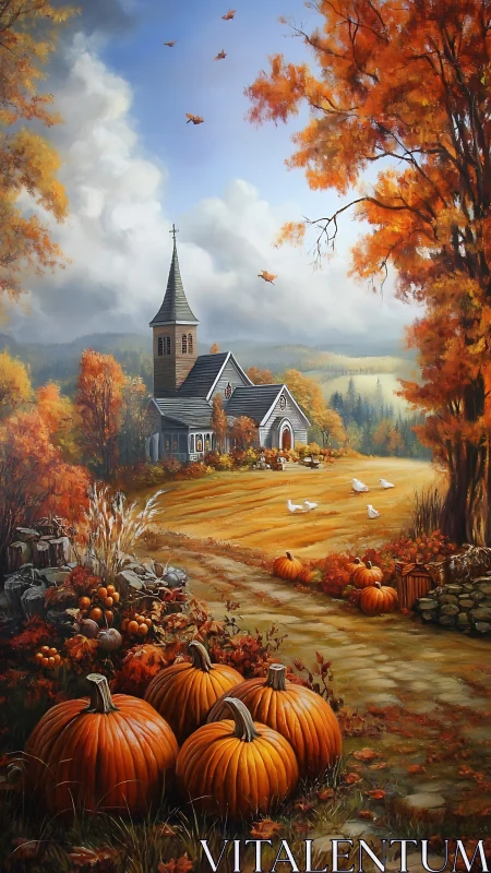 Country church stands behind pumpkins in detailed autumn landscape
