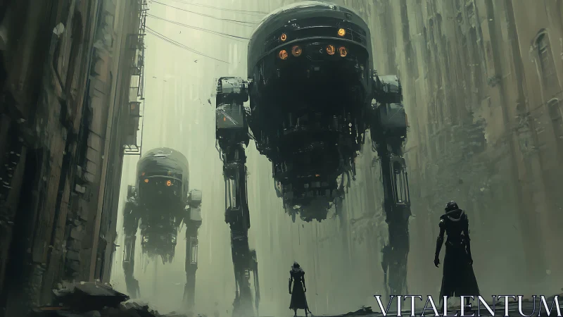 Foggy city standoff with towering, lantern-eyed mechs.