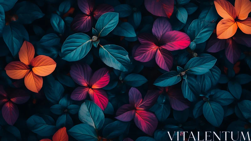 Neon Floral Composition with Vibrant Petals and Leaves.