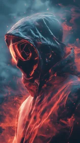Hooded cyber figure stands in swirling embers and cold mist
