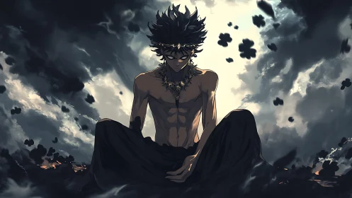 Male figure sits centrally amid swirling dark cloud forms