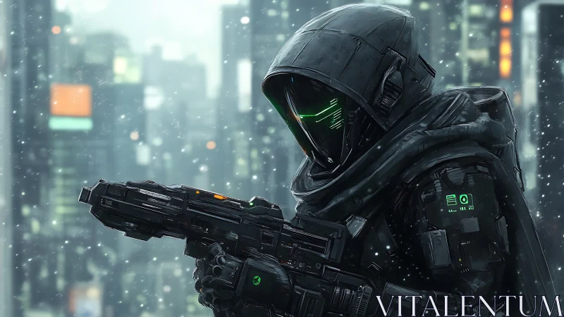 Hooded armored figure with rifle in snowy neon cityscape.