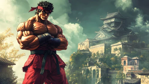 Martial artist stands before large fortified Japanese castle