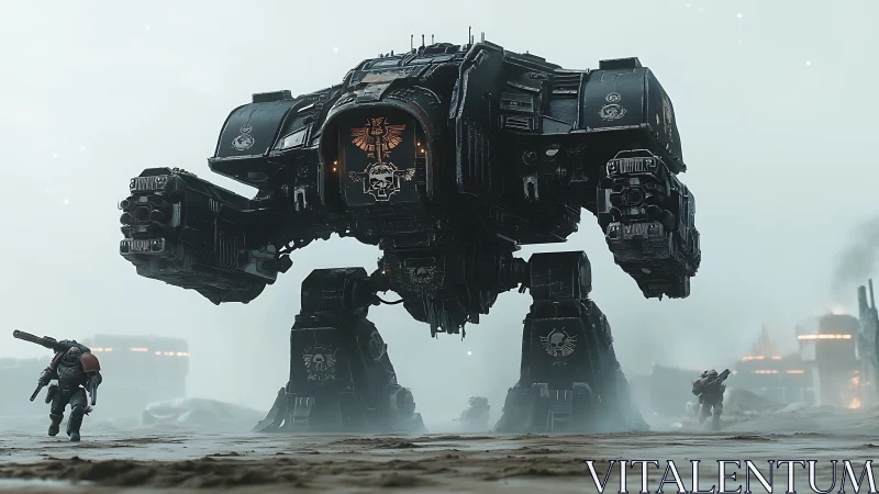 Colossal war walker strides through misty sci fi battlefield.