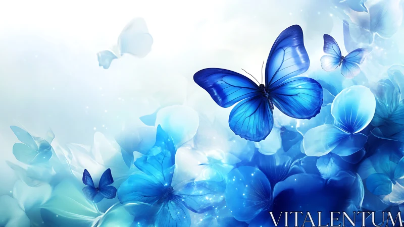 Blue butterfly glides above luminous abstract petals