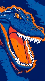 Roaring blue dinosaur head explodes with bold neon contrast