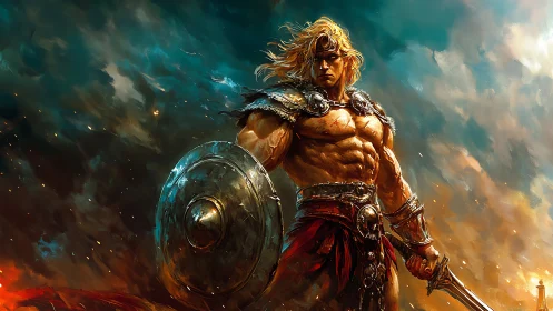 Battle-scarred barbarian warrior with shield and sword at dusk