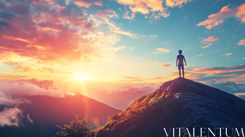 Silhouette stands on mountain ridge facing bright sunset sky