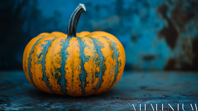 Striped orange pumpkin rests on worn blue surface
