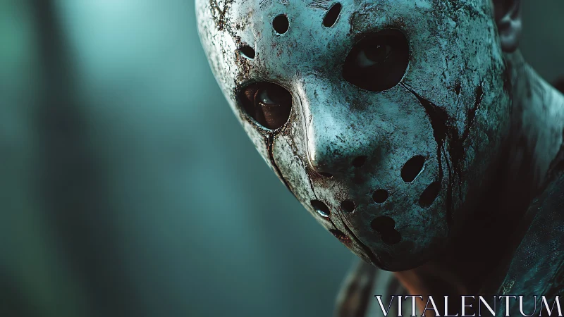 Weathered hockey mask with bloodstains under moody shallow focus