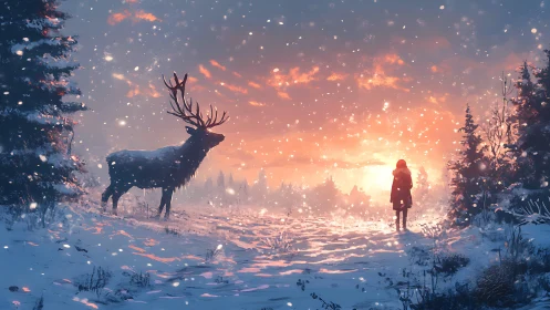 Snowy forest clearing shows deer and person at orange sunset