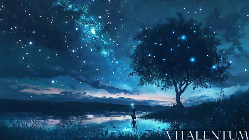 Star-harvesting dreamer under a whispering midnight tree.