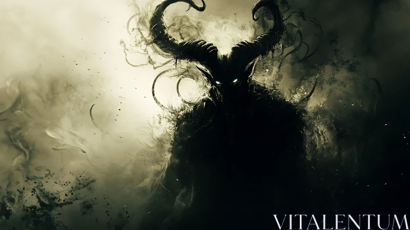 Horned shadow demon emerges from swirling toxic mist