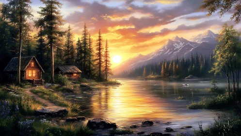 Cabin by tranquil mountain lake at vivid golden sunset.