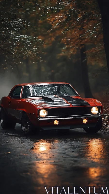 Iconic red muscle car on wet forest road at dusk.