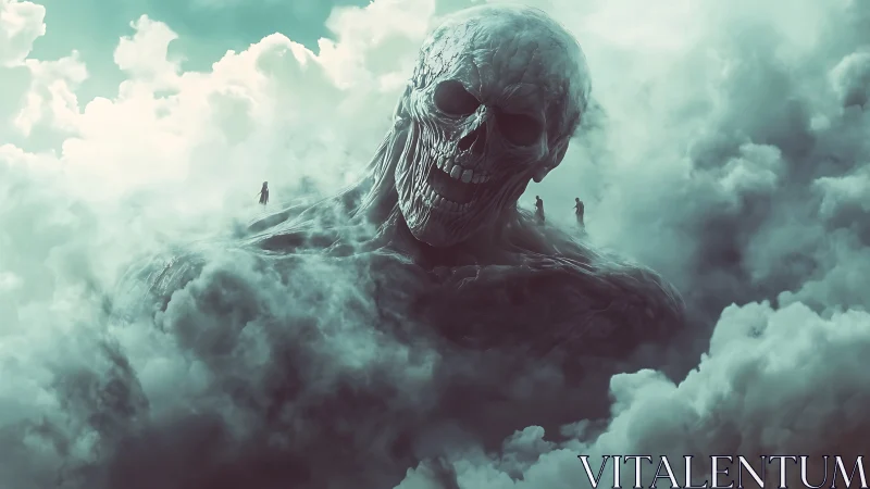 Gigantic skeletal titan emerging through dense turquoise storm clouds