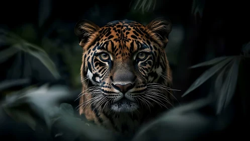 Low key portrait of stalking tiger in dense jungle foliage
