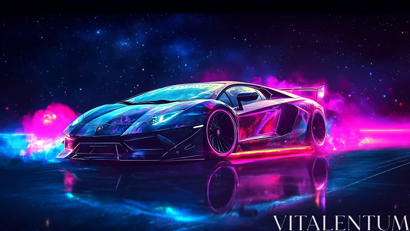 Neon supercar racing through glowing sci fi nightscape.