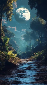 Moonlit jungle canyon with flowing stream and canopy vegetation above.