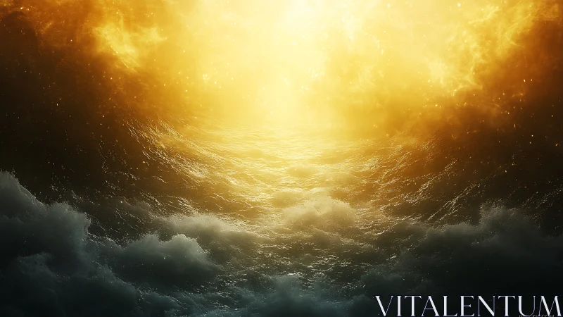 Celestial golden sea merging with stormy dark clouds below.