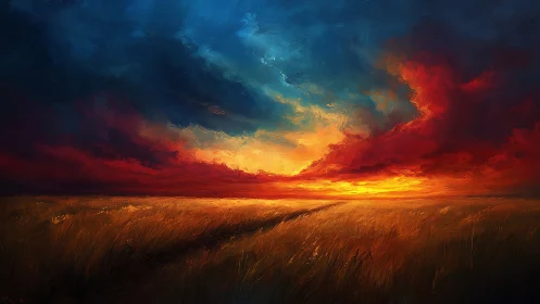 Digital painting of horizon field under vivid storm sunset.