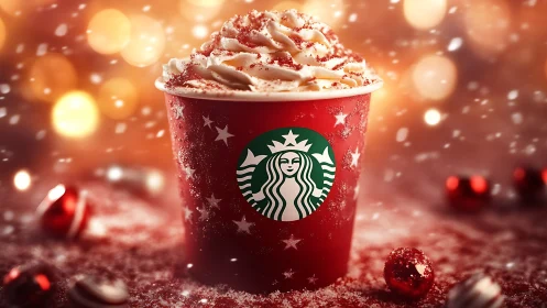 Festive holiday coffee cup glowing in warm bokeh light.