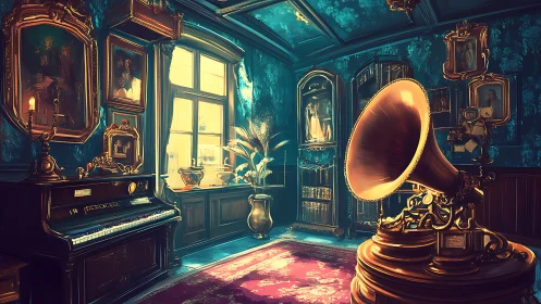 Digital painting of a neo‑Victorian music parlor interior design.