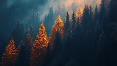 Coniferous forest with golden larch trees in atmospheric haze and light