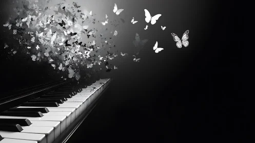 Piano keyboard extends into dark space as butterflies disperse