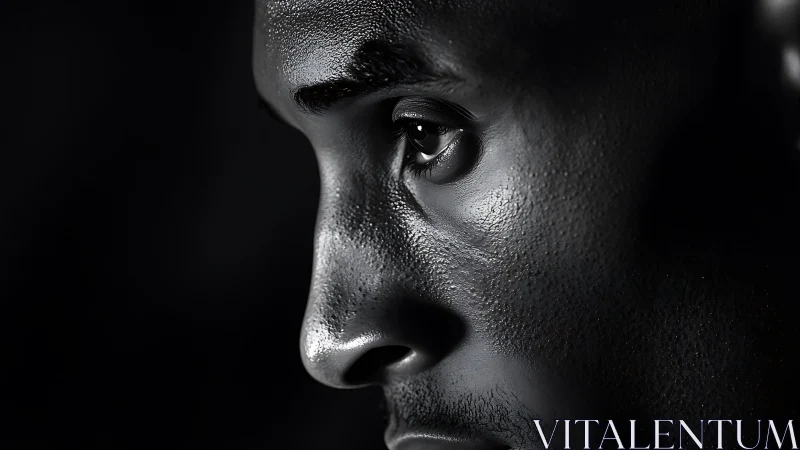 High-contrast monochrome close-up isolates skin texture and gaze