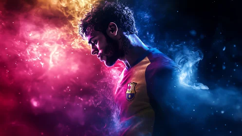 Bicolor energy portrait of footballer in vaporous neon clouds