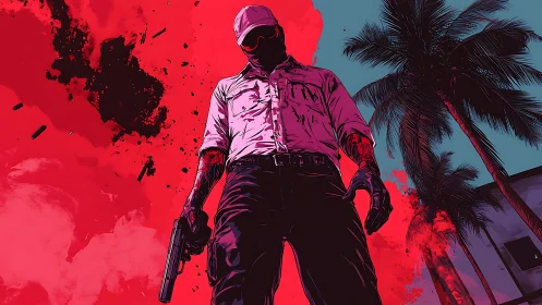 Neon-soaked outlaw beneath stormy palm shadows.