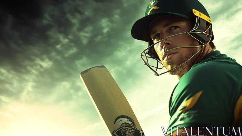Focused cricket batsman under storm-lit evening sky.