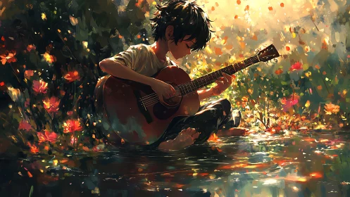 Person holds acoustic guitar while seated in shallow stream