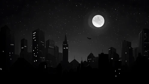 Moonlit city skyline rests under a star-filled midnight sky