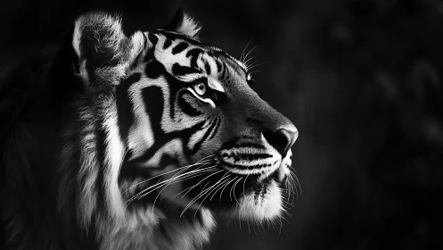 Monochrome tiger portrait in dramatic side light profile.